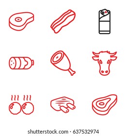 set of 9 beef outline icons such as cow, beef, sausage, burrito, bacon