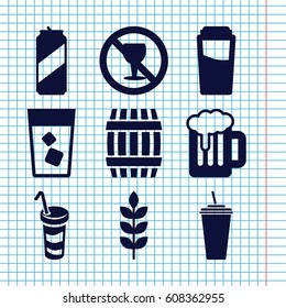 Set of 9 beer filled icons such as wheat, barrel, drink, no alcohol, beer can