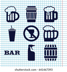 Set of 9 beer filled icons such as barrel, bar, cleanser, drink, no alcohol, beer mug