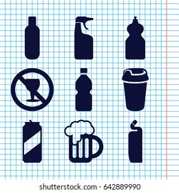 Set of 9 beer filled icons such as bottle, cleanser, drink, no alcohol, beer mug