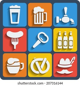 Set of 9 beer vector web and mobile icons in flat design.