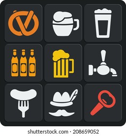 Set of 9 beer vector web and mobile icons in flat design. Autumn, octoberfest, pub, bar, drink and food.