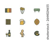 Set of 9 Belgium icons, flag and national symbols. Simple cartoon style illustration.