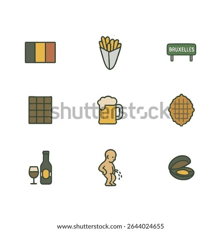 Set of 9 Belgium icons, flag and national symbols. Simple cartoon style illustration.