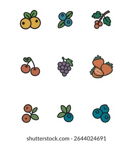 Set of 9 Berries icons. Simple cartoon style illustration.