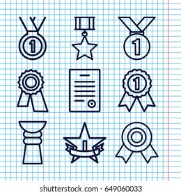 Set of 9 best outline icons such as award, bill of house, medal, 1st place star, trophy, number 1 medal