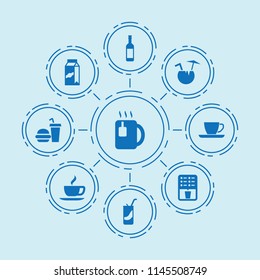 Set of 9 beverage filled icons such as coffee, tea, milk, soda, wine bottle, fast food