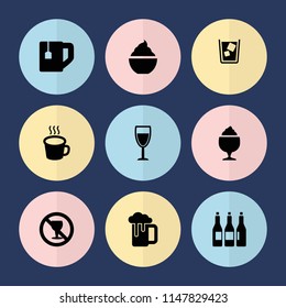 Set of 9 beverage filled icons such as tea cup, milkshake, no alcohol, cup, wine glass, bottle, drink