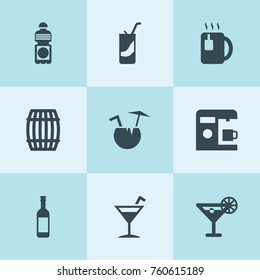 Set of 9 beverage filled icons such as barrel, coffee machine, tea, bottle, cocktail, soda, cocktail, wine bottle