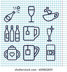 Set of 9 beverage outline icons such as vending machine, baby bottle, clean wine glass, tea cup, cup with heart, wine glass