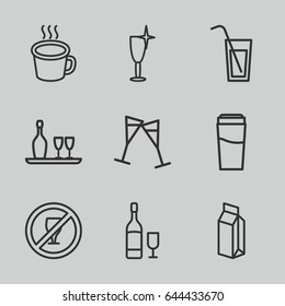 Set of 9 beverage outline icons such as drink, clean wine glass, milk, cup, wine glass, cocktail
