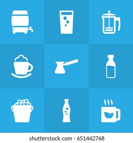 Set Of 9 Beverages Icons Set.Collection Of Hot, Fridge, Fizzy Water And Other Elements.