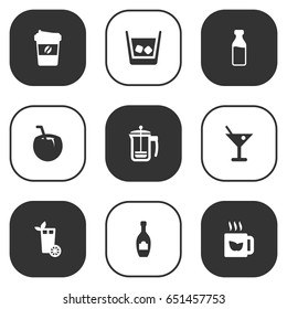 Set Of 9 Beverages Icons Set.Collection Of Bottle, Pot, Lime And Other Elements.