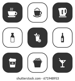 Set Of 9 Beverages Icons Set.Collection Of Milk Glass, Lemonade, Cup And Other Elements.