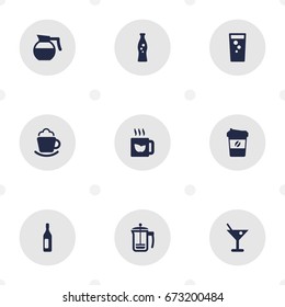Set Of 9 Beverages Icons Set.Collection Of Teapot, Soda, Pot And Other Elements.