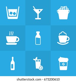 Set Of 9 Beverages Icons Set.Collection Of Wine, Fridge, Cognac And Other Elements.