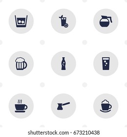 Set Of 9 Beverages Icons Set.Collection Of Soda, Teapot, Cognac And Other Elements.