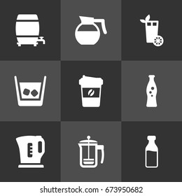 Set Of 9 Beverages Icons Set.Collection Of Milk Glass, Teapot, Pot And Other Elements.