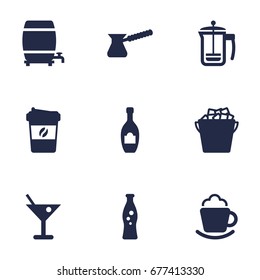 Set Of 9 Beverages Icons Set.Collection Of Alcohol, Fridge, Espresso And Other Elements.