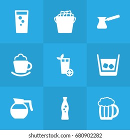 Set Of 9 Beverages Icons Set.Collection Of Turkish Coffee, Cognac, Fizzy Water And Other Elements.