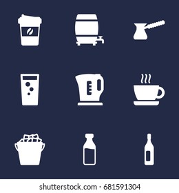 Set Of 9 Beverages Icons Set.Collection Of Milk Glass, Electric Teapot, Cask And Other Elements.