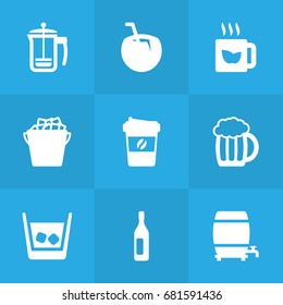 Set Of 9 Beverages Icons Set.Collection Of Pot, Wine, Green Tea And Other Elements.