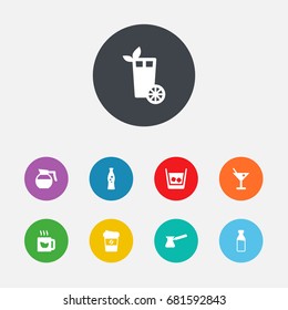 Set Of 9 Beverages Icons Set.Collection Of Fizzy Water, Teapot, Espresso And Other Elements.