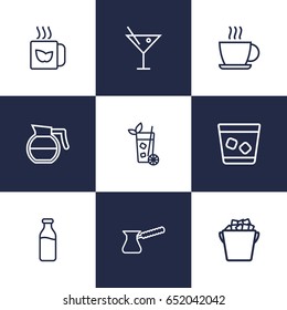 Set Of 9 Beverages Outline Icons Set.Collection Of Hot Drink, Pot, Glass And Other Elements.