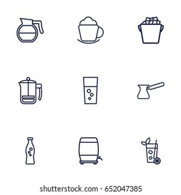 Set Of 9 Beverages Outline Icons Set.Collection Of Soda, Hotdrink, Wine Cask And Other Elements.