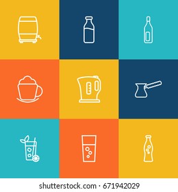 Set Of 9 Beverages Outline Icons Set.Collection Of Mojito, Wine Cask, Soda And Other Elements.