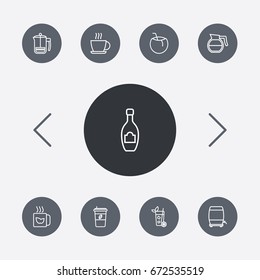 Set Of 9 Beverages Outline Icons Set.Collection Of French Press, Wine Cask, Coffeepot And Other Elements.