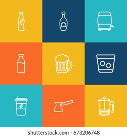 Set Of 9 Beverages Outline Icons Set.Collection Of Wine Cask, Champagne, Dairy And Other Elements.