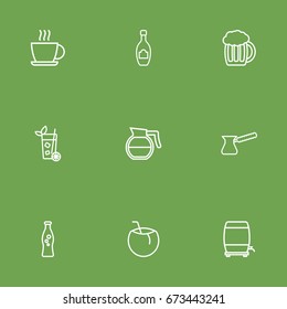 Set Of 9 Beverages Outline Icons Set.Collection Of Hot Drink, Mojito, Champagne And Other Elements.