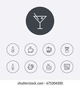 Set Of 9 Beverages Outline Icons Set.Collection Of Cappuccino, Hot Drink, Bottle And Other Elements.