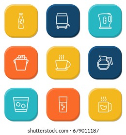 Set Of 9 Beverages Outline Icons Set.Collection Of Fizzy Water, Coffeepot, Whiskey And Other Elements.