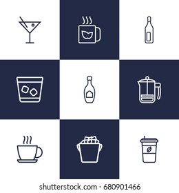 Set Of 9 Beverages Outline Icons Set.Collection Of Whiskey, Champagne, Cocktail And Other Elements.