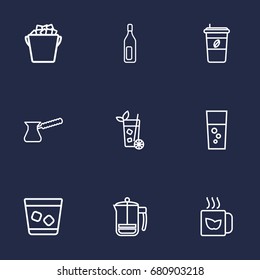 Set Of 9 Beverages Outline Icons Set.Collection Of Fizzy Water, Bottle, Pot And Other Elements.