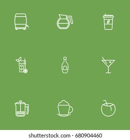 Set Of 9 Beverages Outline Icons Set.Collection Of Coffee, Cocktail, Coconut And Other Elements.
