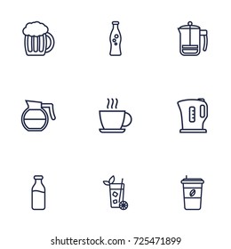 Set Of 9 Beverages Outline Icons Set.Collection Of Dairy, Soda, Cappuccino And Other Elements.