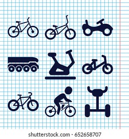 Set of 9 bicycle filled icons such as bike, child bicycle, exercise bike, bicycle, weapon truck