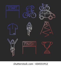 Set of 9 Bicycle Race modern linear icons. Outline templates of cycling competition in French flag tricolor isolated on dark background. Bicycling elements made in trendy thin line style vector.