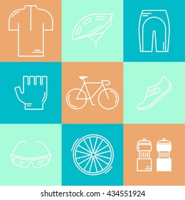 Set of 9 Bicycle Race modern linear icons. White outline templates of cycling isolated on colorful background. Bicycling elements and accessories made in trendy thin line style vector.