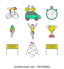 Set of 9 Bicycle Race modern colorful icons. Bright templates of cycling in isolated on white background. Bicycling elements and accessories made in trendy thin line style vector.
