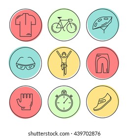 Set of 9 Bicycle Race modern linear icons. Black outline templates of cycling in colorful circles isolated on white. Bicycling elements and accessories made in trendy thin line style vector.