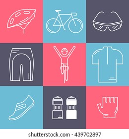 Set of 9 Bicycle Race modern linear icons. White outline templates of cycling in isolated on colorful background. Bicycling elements and accessories made in trendy thin line style vector.