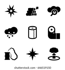 set of 9 big filled icons such as paper towel, defragmentation, dynamite, explosion, smoking can, explode