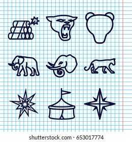 Set of 9 big outline icons such as panther, elephant, dynamite, explosion, explode, bear