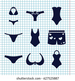 Set of 9 bikini filled icons such as bra, female underwear, swimsuit, panties with heart, underwear 