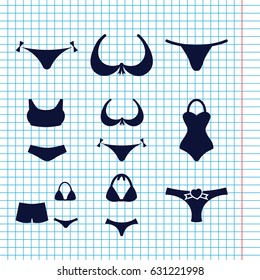 Set of 9 bikini filled icons such as panties with heart, bra, bikini, female underwear, swimsuit