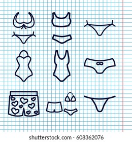Set of 9 bikini outline icons such as panties with heart, bikini, female underwear, underwear with heart, swimsuit